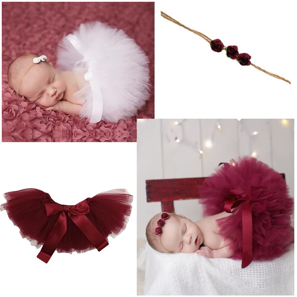 IWEMEK Jupe Tutu Bébé Fille + Bandeau Fleurs – Costume Photographie Nouveau-Né, Anniversaire, Cake Smash 0-3 Ans