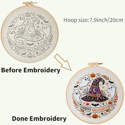 FEIYUENO Halloween Witch Hat Embroidery Kit for Beginners Adults | Stamped Cross Stitch Set Include Embroidery Cloth Hoop Threads Instruction, Easy Hobby Gifts for Starter Art Craft - image 3