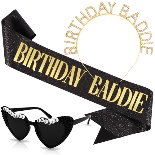 CUBACO Birthday Baddie Crown Sash and Sunglasses for Women Birthday Gifts Headband Girl Sash Outfit Crown Girls Adult 25th Decorations for Women Accessories Pins for Party Decoration Favors Supplies