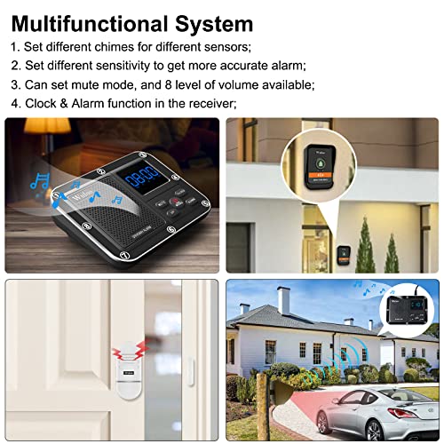 Image of Wireless Alarm System for Home Security Expandable - 6-Piece Kit Include Doorbell, Door Alarm, and Solar Driveway Alarm - Chime /Sensitivity Adjustable NO Wi-Fi NO Monthly Fee With Rechargeable Battery