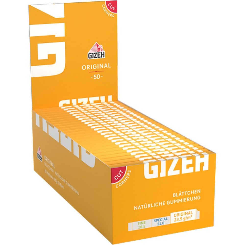 GIZEH Zigarettenpapier Gelb – 50 Heftchen à 50 Blättchen, Kurz, Reißfest