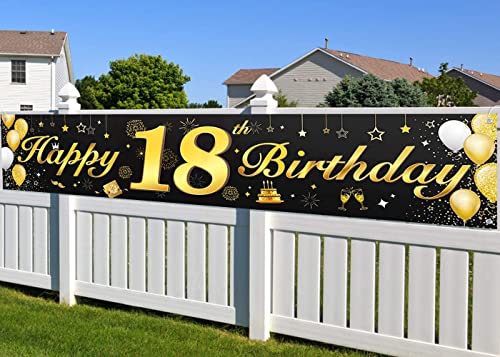 18. Geburtstags Dekorationen Banner für Jungen und Mädchen, lange Größe Schwarz und Gold 18. Geburtstag Banner wesentliche Dekoration für Mann und Frau 18. Geburtstags deko( 118 x 19.6 in Cover