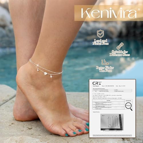 Sterling Silver Ankle Bracelets for Women Dainty,Gold Layered Waterproof CZ Heart Charm Anklets for Women Adjustable, Stackable Chain Anklet Set Cute Summer Beach Jewelry Plus Size3