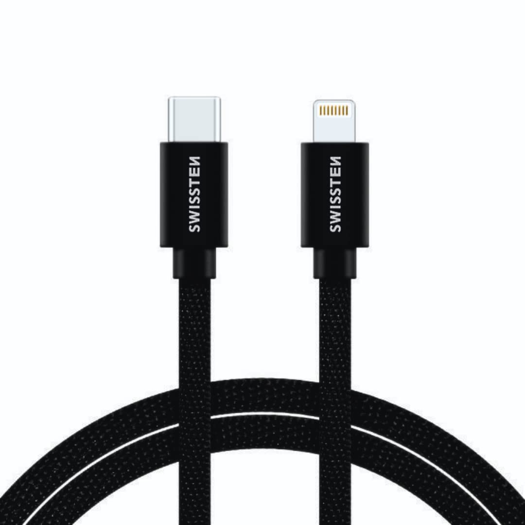 Swissten Cavo di ricarica per iPhone 2 m [certificato MFi] da USB C a Lightning Ricarica rapida tessile intrecciato Ricarica PD rapida per iPhone 14/14 Pro/14 Plus/14 Pro Max, iPad Pro, iPhone 8-13