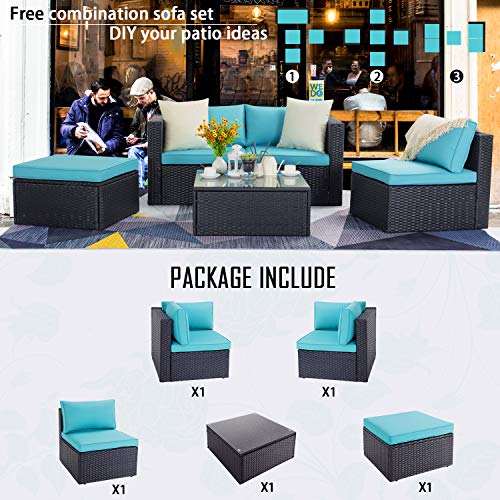 VITESSE 5 Pieces Patio Furniture Sectional Sets, Outdoor All-Weather PE Rattan Wicker Lawn Conversation Sets, Garden Sofa Set with Coffee Table and Washable Couch Cushions (Tiffany Blue) - Thumbnail 5