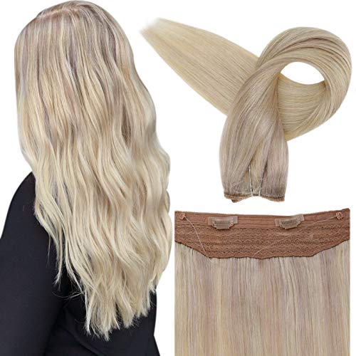 Fshine 14 Inch Thick Halo Extensions Human Hair Pieces Color 18 Fading To Color 22 and 60 Platinum Blonde Invisible Fish Line Hair Extensions 70 Gram