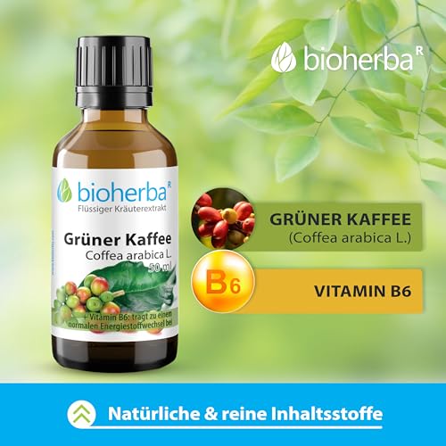 Grüner Kaffee Tropfen, Tinktur 50 ml – Auszug aus Coffea arabica L., ergänzt mit Vitamin B6, Vegan von BIOHERBA PZN 17186687 Coffea arabica L., ergänzt Coffee Grüner Kaffee Tropfen