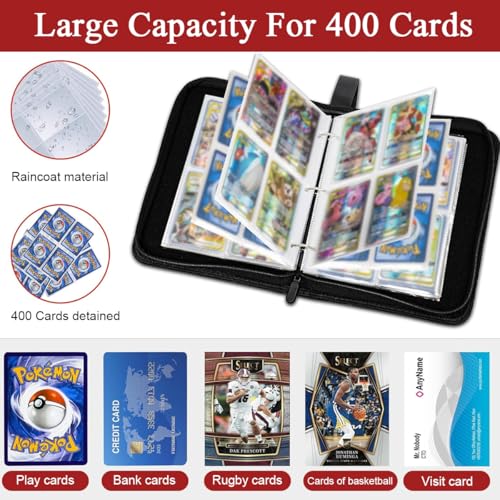 Image of PATPAT 400 Pockets Soccer Card Binder Autographed Cards Storage Bag Waterproof PU Cover Zipper Card Organzier Holder Multi Purpose Card Organizer Bag for Game Trade Cards, Collectible Cards
