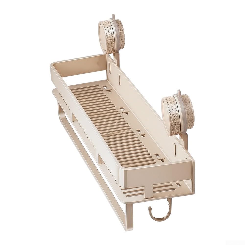 Organizador de ducha sin taladros montado en la pared, estantes de baño inoxidables con fuerte succión para almacenamiento de artículos de tocador, color crema, 40 x 12 x 19 cm