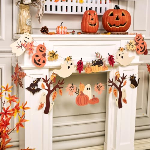 Image of Halloween Fall Decorations - 2PCS Cute Little Ghost and Pumpkin Maple Leaves Paper Banner Bunting
