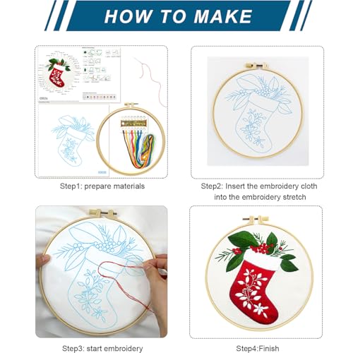 Image of Zhenqing Christmas Stocking Embroidery Kit for Beginners, Red Stocking Needlework Kit with Pre-Printed Fabric, Hoop, Threads & Tools (C0035)