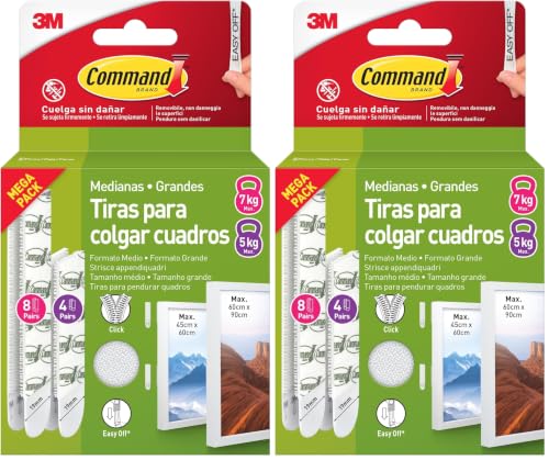 Command Tiras Adhesivas para Colgar Cuadros, 8 pares Grandes/4 pares Medianas, Blancas - Para Marcos, Espejos, Letreros, o Relojes de Pared - Colgar Sin Agujeros y Sin Taladrar (Paquete de 2)