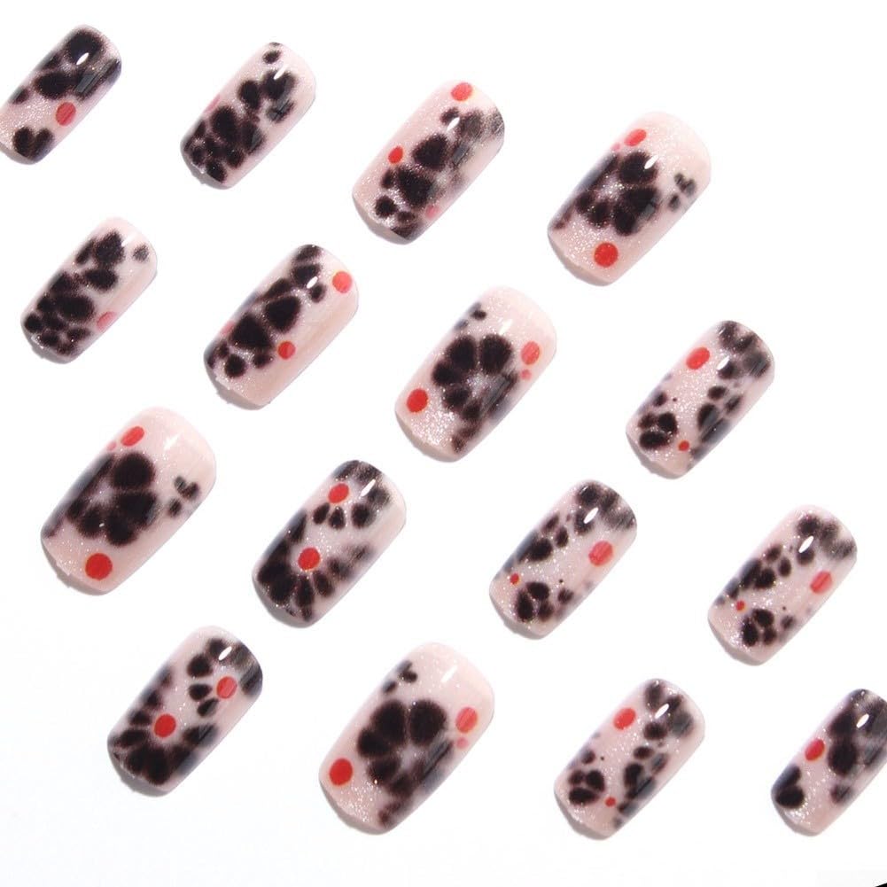 Uñas Falsas ABS Negras Estampado Leopardo Vintage