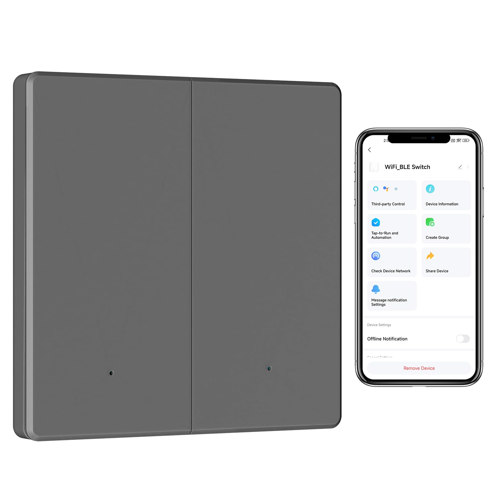 BSEED Smart Light Switches 2 Gang,Alexa Light Switch 1 Way/2 Way or Multi-Way Control by SmartLife APP,Work with Alexa and Google Home,Ultra-Thin,2.4GHz,Grey(Neutral Wire Required)
