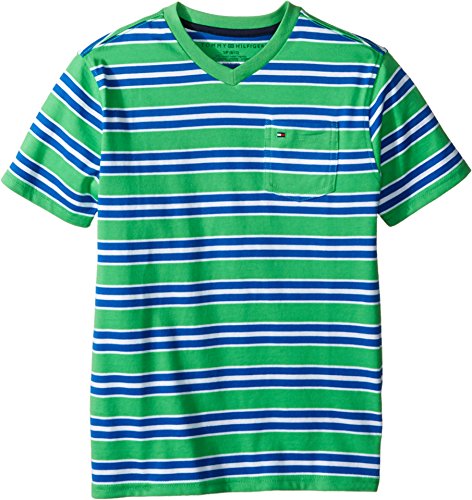Tommy Hilfiger Big Boys Bruce Stripe Vneck Tee with Pocket, Gunwale Green, Medium (12/14)