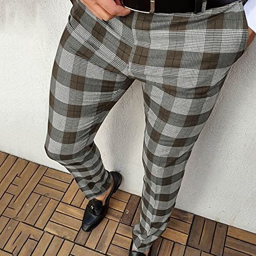 Qvkarw Calças de terno masculinas com estampa xadrez casual listrada stretch frente reta com bolsos