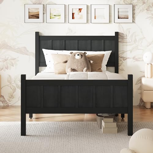 Image of Twin Size Vintage Bed Frame with Headboard, Farmhouse Wooden Platform Bed with Under-Bed Storage, Minimalist Modern Wood Grain Finish Bedframe for Bedroom (Black)