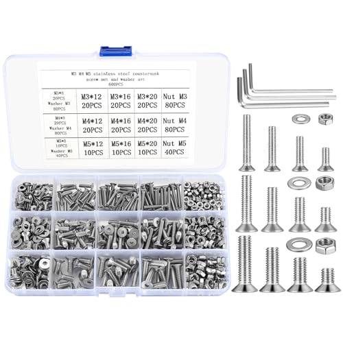 Senkkopfschrauben und Muttern und Unterlegscheiben Set, 600 Stk M3 M4 M5 Flachkopfschrauben Innensechskant Schrauben Gewindeschrauben mit Muttern und Unterlegscheiben Sortiment Kit