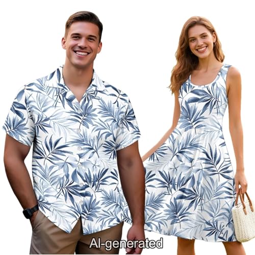 Image of Dreaweet Summer Dresses for Women A-Line Sleeveless Flowy Sun Dresses,Men's Casual Button-Down Shirts,Couple Matching Outfits