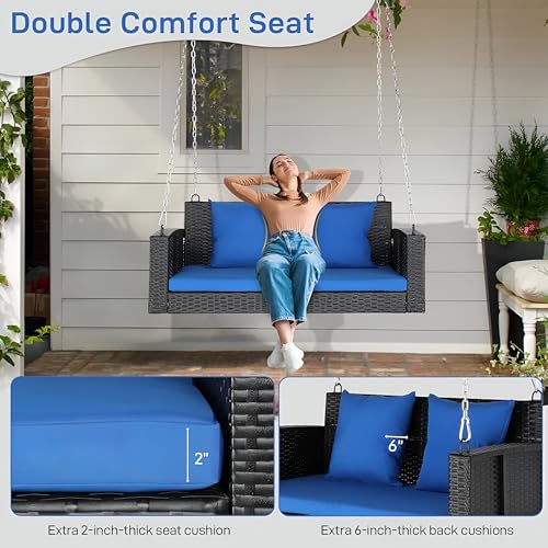 Image of Patio Outdoor Double Seater Swing Chair Without Stand for Balcony, Garden | Weather Resistant Rattan & Wicker Hammock Jhula for Adults | Outdoor Sofa Swing (Black and Blue)