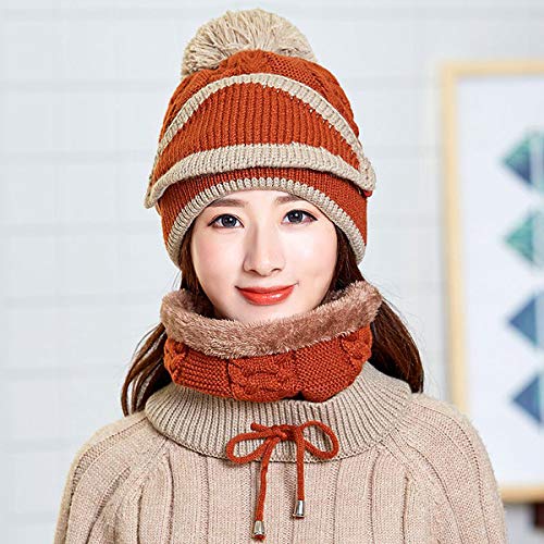 Knit Hat/Scarf/Mask Set, Women Fashion Warm Soft Cable Knitted Winter Cold Weather Gift Set - Drawstring Brown #TOP3