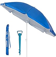Pack de sombrilla de playa de 8 varillas y soporte de arena con protección solar UPF+50 de acero y nylon azul, de Ø 220 cm