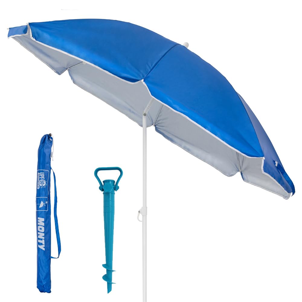 LOLAhome Pack de sombrilla de Playa de 8 Varillas y Soporte de Arena con protección Solar UPF+50 de Acero y Nylon Azul, de Ø 220 cm