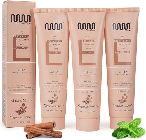 Image of MasterMedi Nano Hydroxyapatite Toothpaste with Xylitol - Fluoride & SLS Free, Remineralizing Formula for Whitening, Sensitive Teeth, Enamel Repair (Pack of 3 (Mint & Cinnamon))