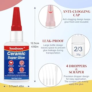Soodyoow Colla per Ceramica 35g, Adesivo Istantaneo Forte, Impermeabile e Trasparente, per Riparare Porcellana, Ceramica, Vetro e altro, Perfetta per Fai da Te