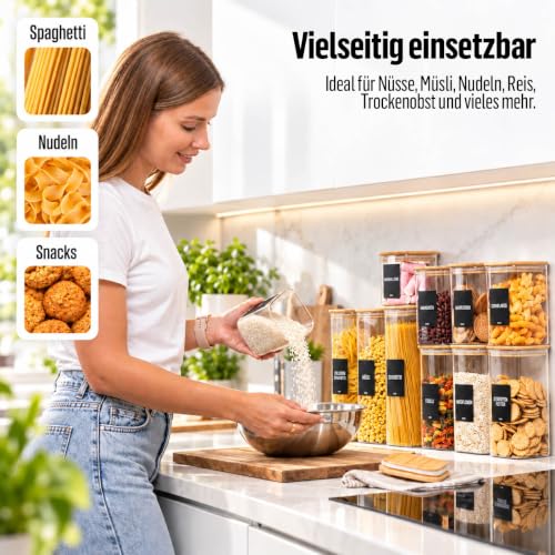 Foto von Deco haus Vorratsgläser mit Deckel luftdicht + Etiketten [8er KOMBI SET] | Für Müsli, Cornflakes, Mehl & Co - Vorratsdosen Glas mit Deckel Aufbewahrungsglas - Aufbewahrungsbox Küche Vorratsglas