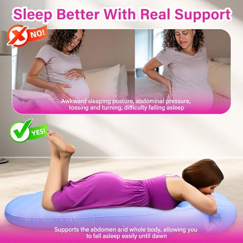 Image of Inflatable Pregnancy Pillow with Belly & Head Hole - Full Body Maternity Airbed for Stomach Sleeping, Back Pain & SPD Relief - Comfortable, Portable & Includes Electric Pump Blue