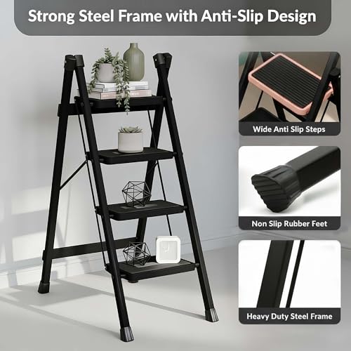 Image of Plantex 4 Step Ladder for Home Use /Wide Anti-Slip Heavy-Duty Step Stool /Lightweight Kitchen Ladder 4 Step (Black)