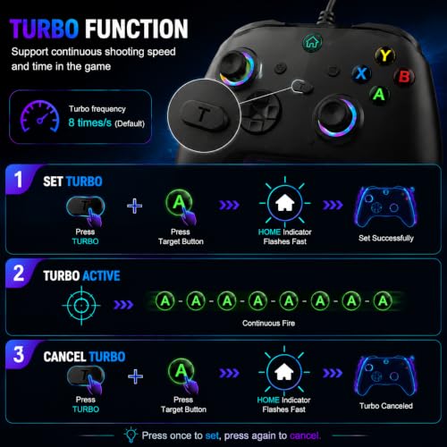 Image of conwin Wired Controller for X box One /S /X & Series S /X /PC Win10+ /Steam Platform, 9.8FT PC Joystick with Dual-Vibration, Turbo, Programmable, RGB LED Light and 3.5mm Stereoscopic Jack (Black-102L)