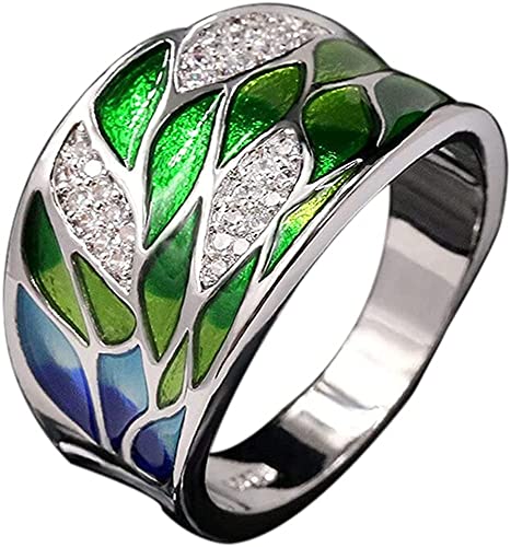RRomaS Anillo mujer plata de ley 925 Ancho, con hojas de esmalte verde esmeralda hecho a mano y circonita cubica brillante,anillo plata mujer grande, Talla-6 con caja regalo (anillo) Cover