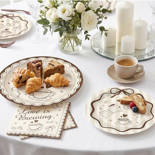 Image of 96Pcs Love Is Brewing Bridal Shower Decorations Brown Coffee Paper Plates and Napkin Love Is Brewing Party Tableware Set Bachelorette Engagement Anniversary for Wedding Serves 24 Guests