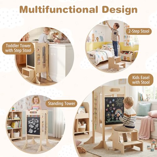 Image of Costzon Toddler Step Stool, 4-in-1 Foldable Standing Tower with Built-in Chalkboard & Detachable Safety Net, Montessori Games, Anti-tip Feet, Wooden Kitchen Kids Helper for Boys & Girls Aged 3+
