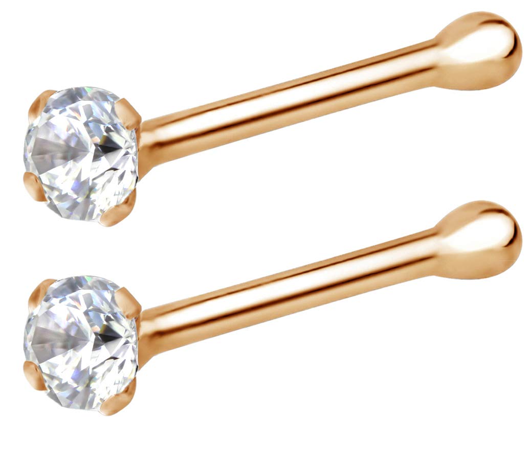 Forbidden Body Jewelry FBJ 14k Nose Ring, 22g, Solid 7mm Micro Stud, 2mm CZ Simulated Diamond, Non-Irritating Skin Safe Real Gold, Women/Men (Sold Individually)