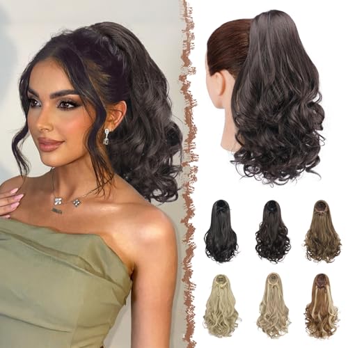 FESHFEN Extensión de cola de caballo con cordón, 38 cm Rizado Ondulado Sintético Extensiones Coleta Postizos para Mujeres, Marrón Negro
