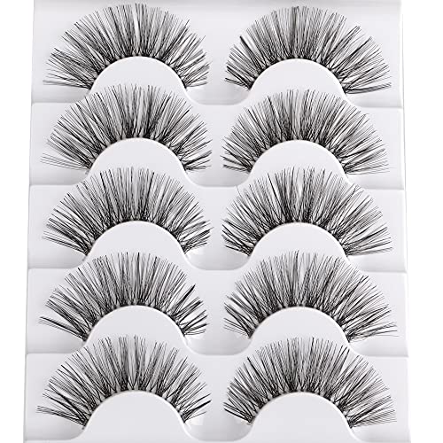 JIMIRE False Lashes Wispy Soft Fake Eyelashes 5 Pairs Multipack Tapered Fiber Lashes with Knot-free Invisible Lash Band