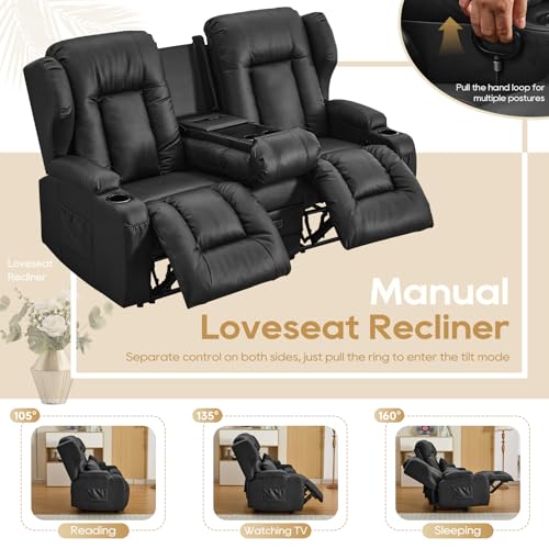 Image of IPKIG 67 inch RV Loveseat Double Recliner Sofa with FILP Back Console, Storage Drawer, Side Pockets, Faux Leather Manual Reclining Chair Home Theater Seating (Black)