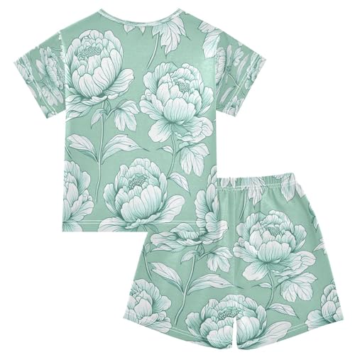 senya Short Sleeve Pajamas Sets Summer Cotton Sleepwear White Flower Plane Leaves2