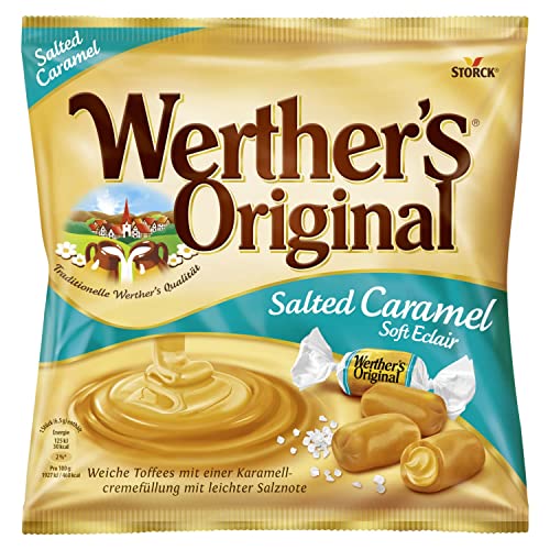 Bonbons Allemagne compatible avec Werther's Original Salted Caramel Soft Eclair - 1 sac - Bonbons au caramel à la crème douce fourrés avec une Légère Note...