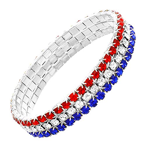 Rosemarie Collections Women's July 4th Red White And Blue Patriotic Statement USA Rhinestone Crystal Stretch Bracelet