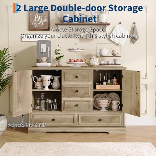 Garvee Farmhouse Sideboard Buffet Cabinet with 5 Drawers and 2 Doors, 47" Kitchen Storage Cabinet, Wood Coffee Bar Cabinet with Adjustable Shelves for Dining Room Living Room, Oak - image 3