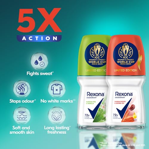 Image of Rexona Matcha Tea & Vanilla and Sandalwood & Jojoba Oil Antiperspirant Roll-On | for Women | Limited Edition Pack - ICC Women's Cricket World Cup India 2025 |50 ML (Pack of 2)