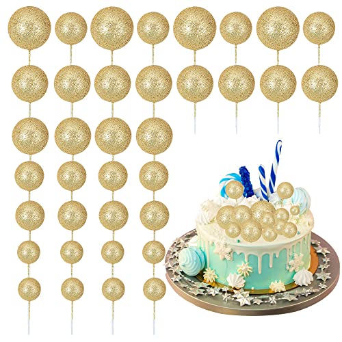 30Pcs Balls Cake Topper Glitter Foam Ball Cake Picks Mini Balloon DIY Cake Insert Topper Decoration for Baby Shower Wedding Anniversary Kids Birthday Graduation Party Cake Decorations Gold