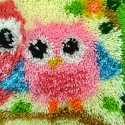 Image of Howie's Latch Hook Kit, DIY Owl Pillow Crochet Yarn Kits for Adults, Color Preprinted Pattern Embroidery Sofa Cushion Cover (Pink Owl, 16.93 x 16.93 inch)