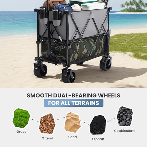 Image of DUMOS 440LBS Heavy Duty Double Decker Wagon Cart with Extender, 400L Large Capacity Collapsible Folding Wagons with Brakes, Adjust Handle, All-Terrain Big Wheels for Garden Shopping Camping - Grey