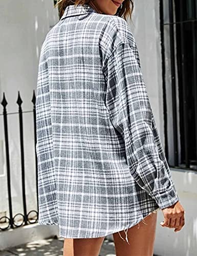Image of HangNiFang Womens Flannel Plaid Shirts Oversized Button Shirts Blouse Tops