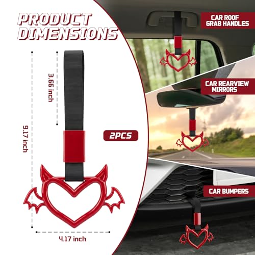 Image of 2 Pcs Devil Heart Shaped Car Handle Strap - JD M Drift Charm Rear Bumper Warning Ring Decor for Car Interior Exterior, Subway Bus Handle Accessory, Cute Heart Car Decor Gift (Red-Wing)